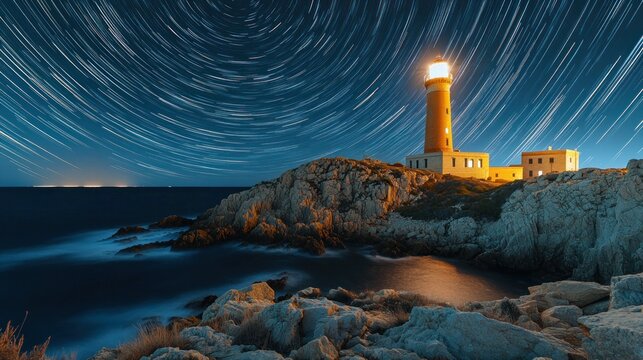 Night seascape with lighthouse and star trails - Powered by Adobe