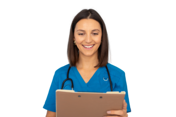 Happy female doctor wearing blue scrubs holding a clipboard and smiling on a transparent background