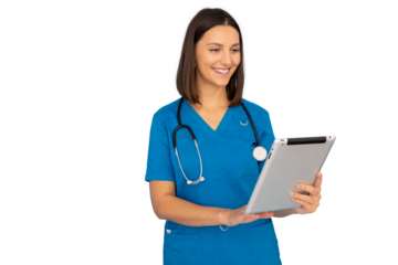 Female doctor wearing blue scrubs and stethoscope using digital tablet with transparent background