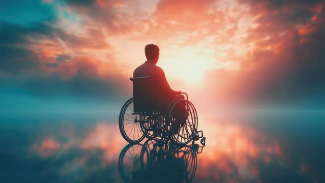 A person with disability enjoying the beautiful view of a sunset from his wheelchair