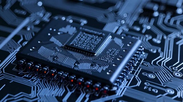 Microchip on circuit board in dark blue high-tech environment  
