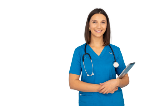 Confident female doctor using digital tablet, wearing stethoscope, professional healthcare environment