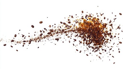 Coffee explosion with flying beans, isolated on white, generative ai