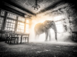 Surreal Elephant Standing Inside Abandoned Vintage Room with Dramatic Foggy Lighting Artistic Black and White Photograph Creating Mysterious Dreamlike Atmosphere