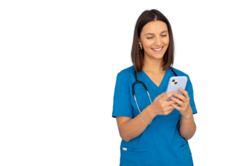 Happy female doctor wearing blue scrubs and stethoscope using smartphone, isolated on transparent background