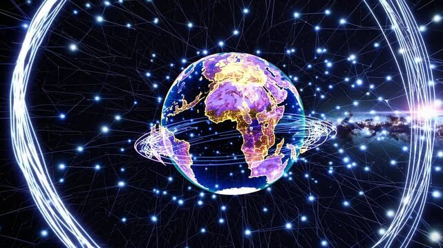 Digital globe with glowing connections in cosmic background  