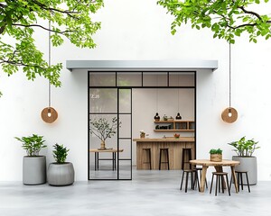 Modern cafe with outdoor seating area under trees