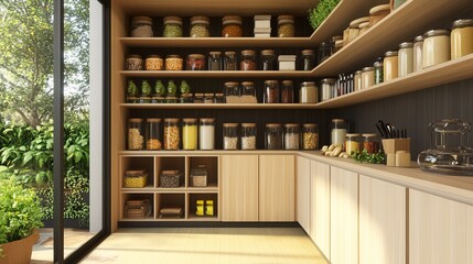 Modern Kitchen Pantry Wooden Shelves Filled with Glass Jars of Dry Goods and Spices Organized Food Storage Natural Light Sunny Room home nuts calm    