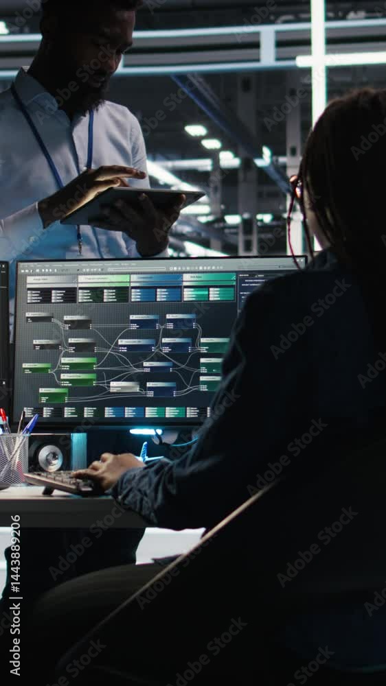 Poster vertical video server hub manager talking with programmer using node tree software to optimize syste