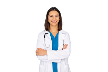 Fototapeta premium Female doctor wearing lab coat and stethoscope smiling with crossed arms on a transparent background