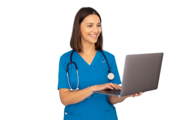 Female healthcare worker using laptop, representing digital medical consultation and remote patient care interaction