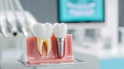A dental implant tooth with a metal base placed on a medical metal tray The background is a soft blur of a dental office including tools a work desk and a screen showing a 3D scan o