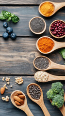 Flat lay of healthy superfoods on rustic wooden table for nutrition and wellness