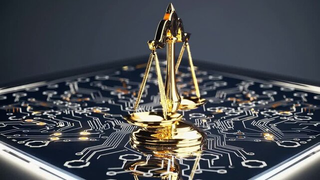 Golden scales of justice on circuit board background  