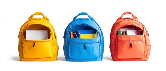 Fototapeta premium Three Colorful Backpacks Filled with School Supplies on White Background