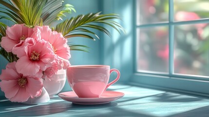 Pink flowers, coffee, window