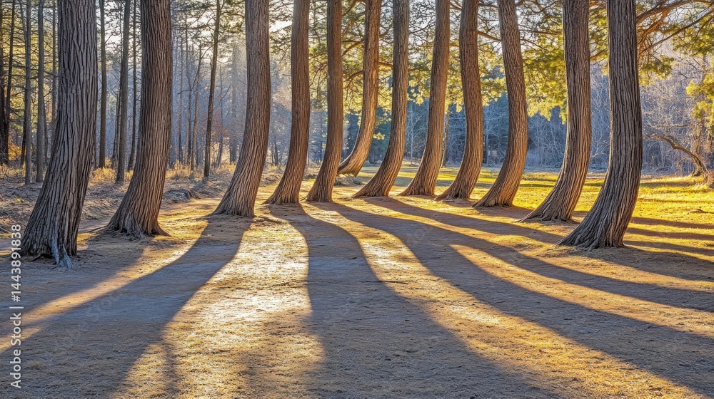 Poster sunlight filtering through a forest of tall trees