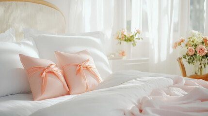 Serene sunlit bedroom with pantone 663c soft white accents for tranquil interior design