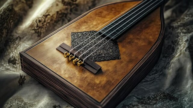 A close-up view of a guitar resting on a soft cloth, ideal for music-related uses