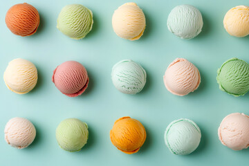 Colorful ice cream scoops arranged neatly in rows on a pastel blue background.