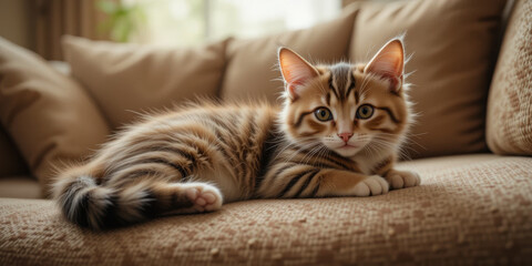 Cute striped kitten lounging on cozy sofa, exuding playful and curious demeanor