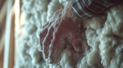 Obraz premium Hand Touching Insulation Material in Attic