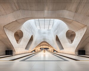 Modern, concrete, arched, subterranean station