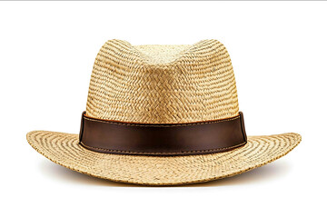 A classic straw hat with a wide brim and brown leather band isolated on white background natural woven texture summer fashion accessory lightweight and breathable front angle view r