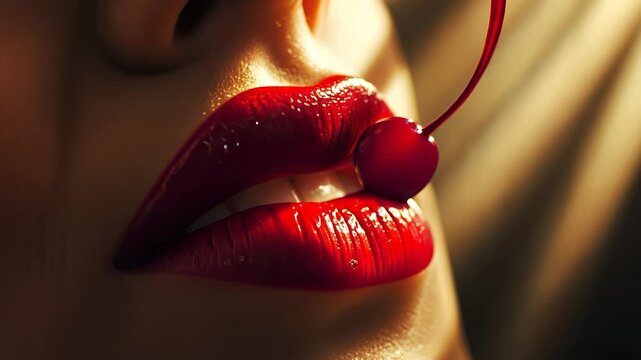 Red lips hold a cherry's stem between white teeth. The glossy lips reflect light, contrasting with the vibrant cherry, highlighting its round shape and smooth surface.