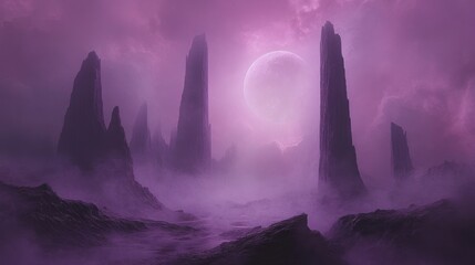 Purple alien landscape with towering pillars under a large moon