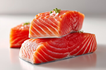 Fresh salmon fillets are artistically stacked on a clean white surface showcasing vibrant colors and rich textures. Concept of culinary arts, seafood restaurants, gourmet cooking
