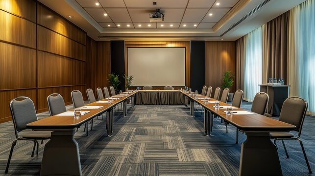 Modern meeting room with tables and chairs arranged in a conference layout