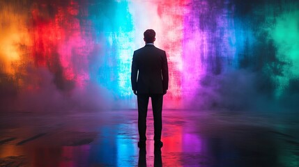 Silhouette Businessman Facing Vibrant Neon Light Wall Artistic Digital Background Modern Futuristic Corporate Success Concept Powerful Businessman    