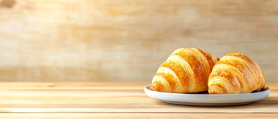 Two golden croissants sit on a white plate atop a wooden surface, with a warm, rustic background.