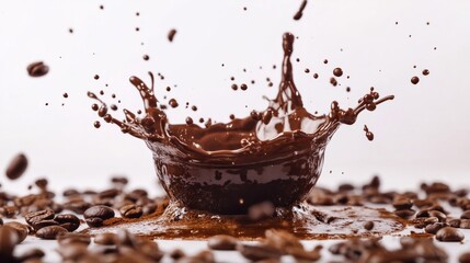 Fototapeta premium Creative coffee splash from an overturned cup, surrounded by beans, on a clean white background. generative ai