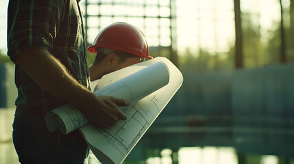 Construction Worker with Blueprint at Site