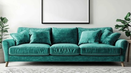 Teal Velvet Sofa in Modern Living Room Interior