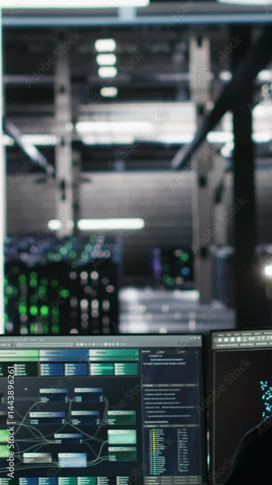 Poster vertical video server hub engineering team working together, using node tree software to optimize sy