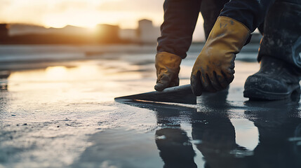 Construction Worker Applying Waterproofing Membrane at Sunset