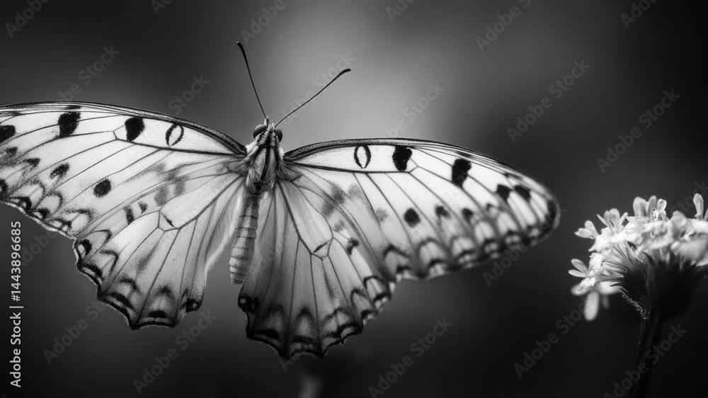 Poster a close-up image of a butterfly in shades of gray and white, showcasing its delicate features