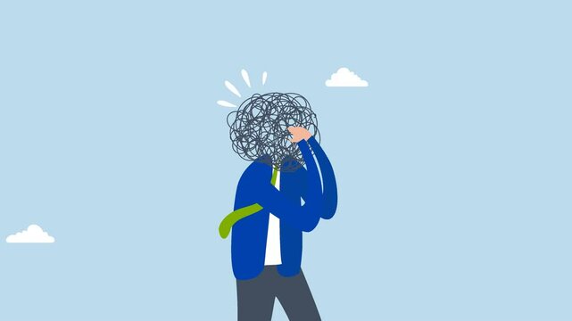 Overthinking, 4k animation of businessman overthinking mess head.
