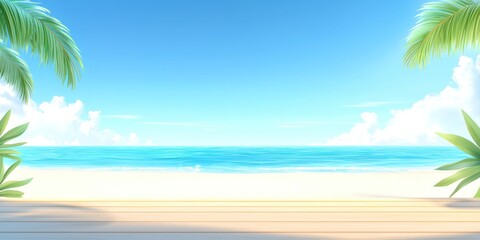 Obraz premium Tranquil Beach Scene With Wooden Deck View