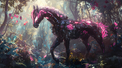 Biomechanical horse in ethereal fantasy forest with vibrant foliage and floating elements. [Mechanical Forests] | Ironwood Gardens | steely flora. Illustration