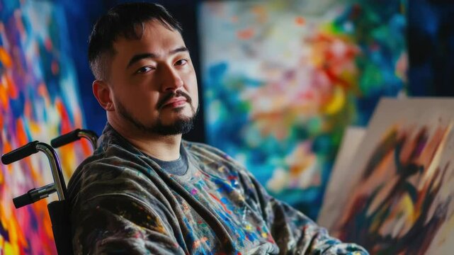 A person with physical limitations sits in a wheelchair, gazing at a beautiful painting