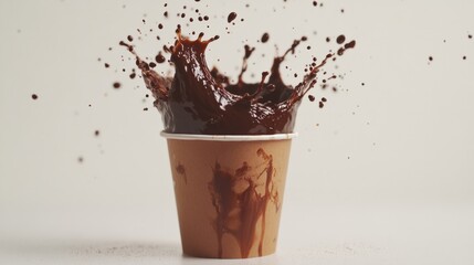 Dark roast coffee in chaotic splash from a suspended paper cup, clean white backdrop generative ai