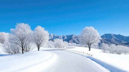 Snowy Road Winding Mountain Trees Serene Vibrant High-resolution Panoramic View Frosty Branches Peaceful Scene Mountain Range backdrop Bright Cold Winter Travel Advertisement