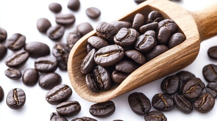 Fototapeta premium Dark roasted coffee beans in a wooden spoon on a white background generative ai