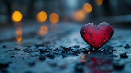 Fototapeta premium Red heart on a wet road at dusk