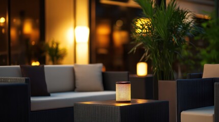 Outdoor patio lounge area at night, warm lighting