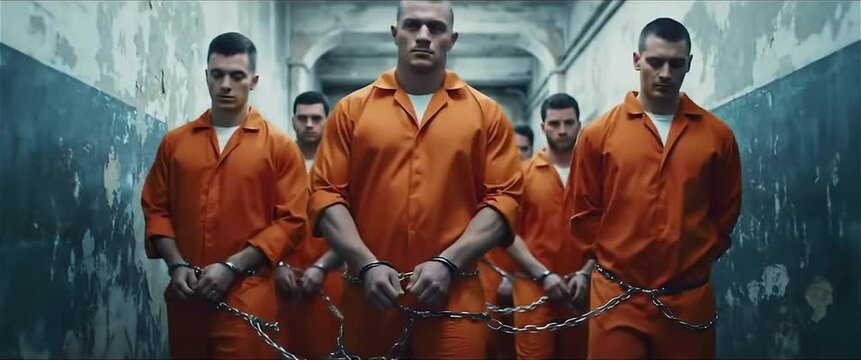 Prison inmates in orange jumpsuits walking through a dark hallway
